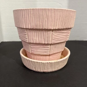 MCM McCoy Basketweave Pink  Pottery Planter 6” FLOWER POT Attached Saucer LARGE - Picture 1 of 5