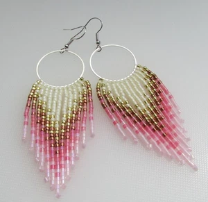 Seed Bead Fringe Hoop Earrings Handmade Native American Style Tassel Boho Hoops - Picture 1 of 17