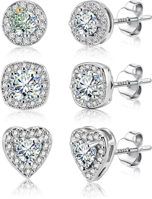 纯银耳钉女士女孩立方氧化锆光环圆形心形 Sq — 第 1/4 张图片