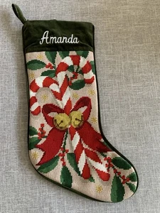 Personal Creations Needlepoint Candy Cane Stocking Velvet Back Monogram Amanda - Picture 1 of 8