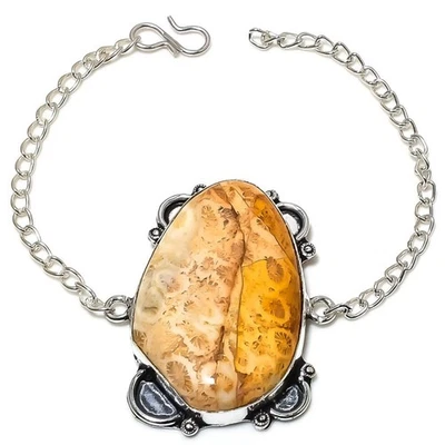 Brazalete de joyería de regalo de plata de ley 925 con piedras preciosas de coral fósil 7-8" C928 Foto 1 de 3