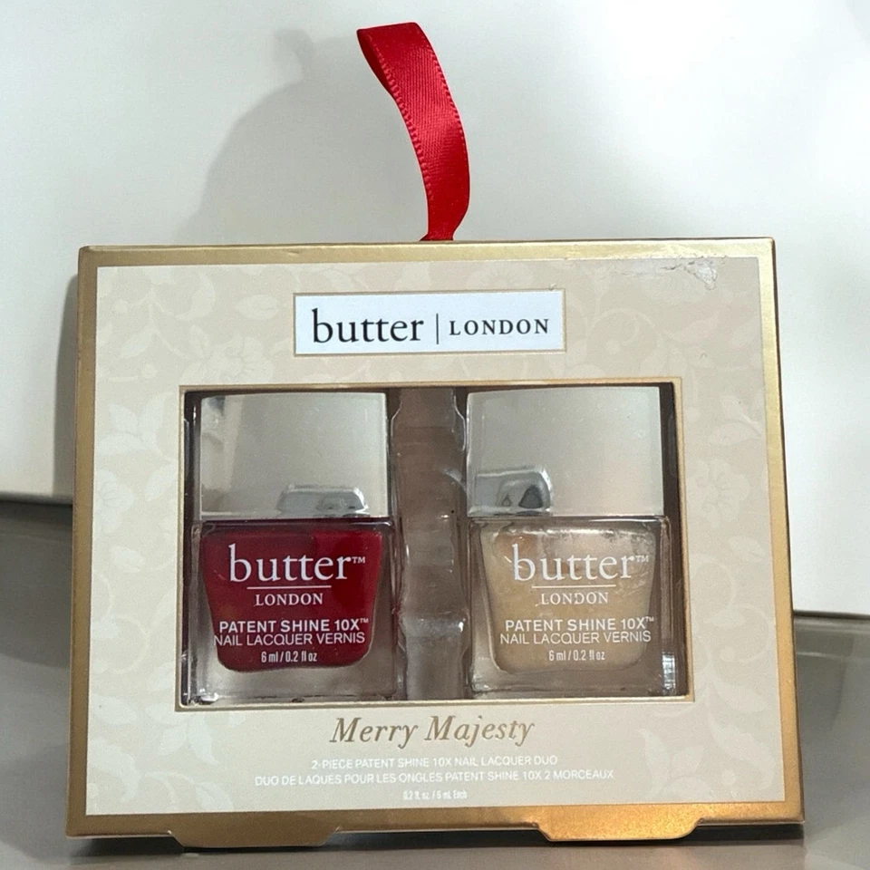 Paquete de 2 esmaltes de uñas Butter London Patent Shine Merry Majesty rojo crema dorado Foto 1 de 4