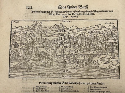 1574 Sebastian Münster - Cosmographia original pages Scotland Edinburgh woodcut - Image 1 of 4