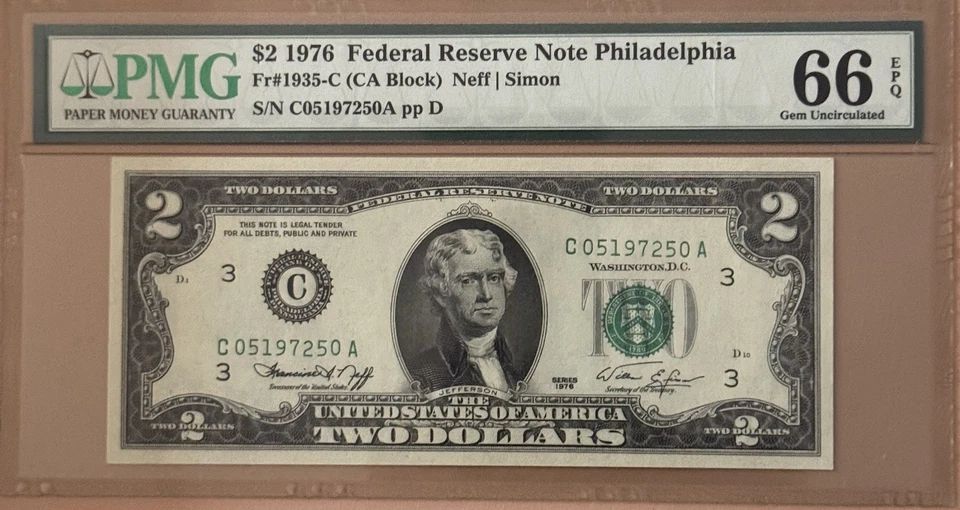 1976 $2 Federal Reserve Note PMG 66EPQ Philadelphia FR#1935-C - Image 1 of 2