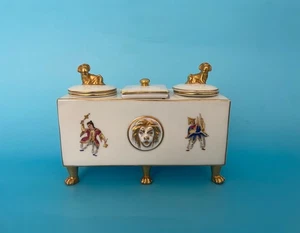 Antique Vista Alegre Mottahedeh Chinoiserie Inkstand Inkwell Lions Heads & Dogs - Picture 1 of 16