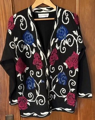 Cárdigan abotonado vintage Norton McNaughton Roses negro/magenta/azul talla M Foto 1 de 4