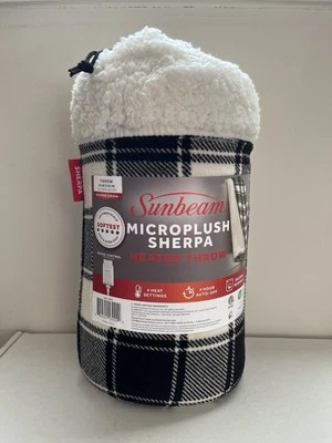 Sunbeam Throw blk/wht Plaid Microplush Sherpa, Electric Heated Blanket, 50 x 60