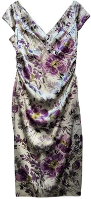 Vestido para mujer Maggy London cuello en V satinado manga gorra talla 14 beige púrpura floral Foto 1 de 4