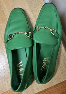 Zara Green Faux Leather Loafers Size 36 Or 6 Gold Buckle - Picture 1 of 11