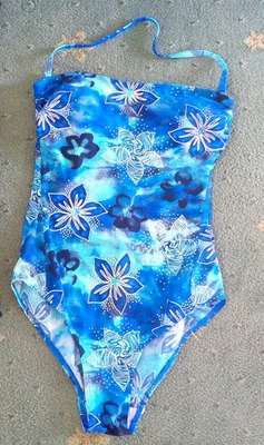 F&F Blue, Turquoise & Silver Halter Neck Swimsuit Inbuilt Bra Cups Size 12 - Image 1 of 3