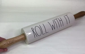 Rae Dunn Ceramic Rolling Pin ROLL WITH IT Wooden Handles EUC - Picture 1 of 5