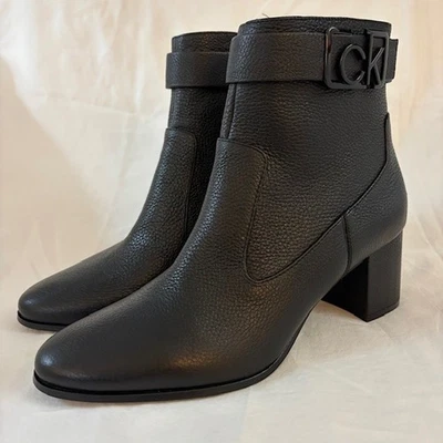 NWOB Calvin Klein "Freema" Black Leather Zip Buckle Ankle Booties Women's Size 8 - Image 1 of 4
