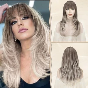 Long Blonde Wigs for Women Layered Synthetic Hair Wig With Bangs Natural Wave... - Picture 1 of 7