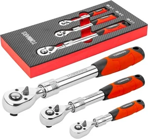 Extendable Ratchet Wrench Set 1/4" 3/8" 1/2" Drive 72-Tooth Quick-release Retra - Picture 1 of 6