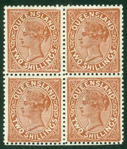SG 198 Queensland 1890. 2 pale brown. Lightly mounted mint block of 4 CAT - Foto 1 di 1