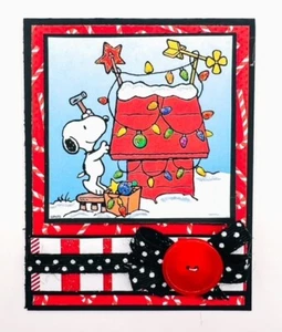 Handmade Snoopy & Woodstock Putting Lights on the Dog House Christmas Card - Picture 1 of 2
