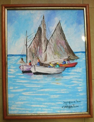 ANCIENNE PEINTURE HUILE MARINE AVEC BATEAU CAP HAITIEN HAITI signé JACQUES JEAN - Photo 1/4