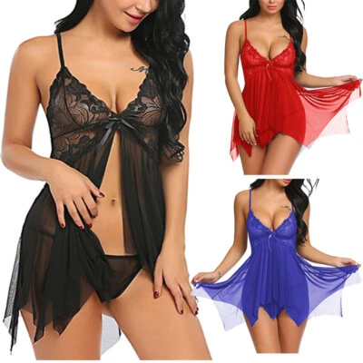Womens Sexy Thong Lingerie Nightdress Babydoll Sleepwear G-string Underwear Set