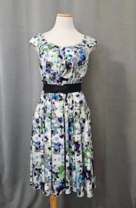 Womens 18 Sleeveless Floral Dress Empire Waist Dress, White, Blue, Midi Dress - Picture 1 of 21