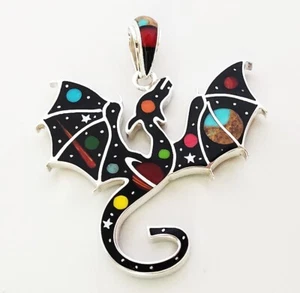 REVERSIBLE MOON SATURN TURQUOISE MULTICOLOR INLAY .925 SILVER DRAGON PENDANT - Picture 1 of 3