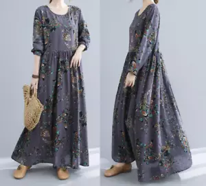 Women Cotton Clothing Floral Loose Casual Maxi Dress Round Neck Short Sleeve - Picture 1 of 17
