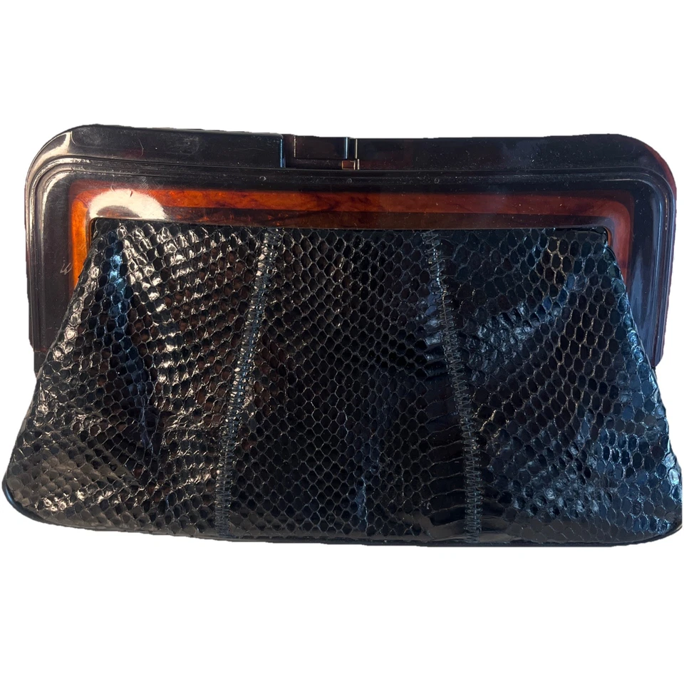 Margolm Black Python Snakeskin Tortoise Bakelite Clutch Purse Bag Italy Vtg 70’s - Image 1 of 4