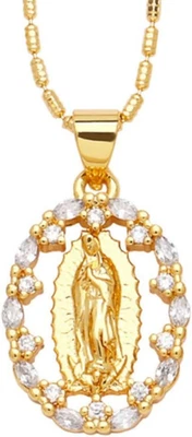 Crystal Virgin Mary Charm Necklace Gold Plated Zircon Virgen Maria Oval Pendant - Image 1 of 4