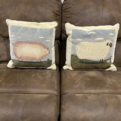 Две тканые декоративные подушки Farmyard 18 дюймов для овец свиней фермерского дома страны б/у в отличном состоянии - Изображение 1 из 4