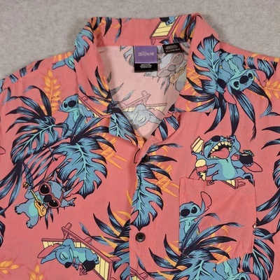 Disney Lilo & Stitch Camp Button Up Shirt Men XL Pink Floral Hawaiian Tropical - Image 1 of 4