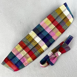 STUNNING VTG 100% silk slub rainbow plaid check bow tie / cummerbund - Picture 1 of 9