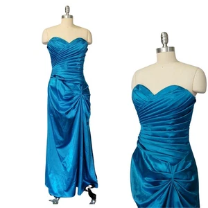 Vintage 90s Y2K Strapless Ruched Satin Prom Dress Formal Gown Size L Teal Glam  - Picture 1 of 11