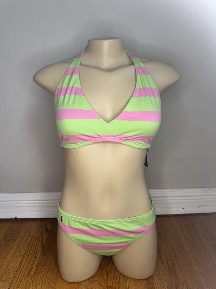 Vintage NWT 90s Ralph Lauren Sport Pink And Green 3 Piece Swimsuit Bikini Large  - Image 1 of 4