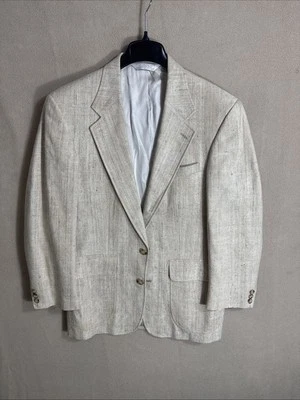 Lands End 39R 100% Silk Beige Sport Coat Mens Dobby Twill Check 2 Button - Image 1 of 4