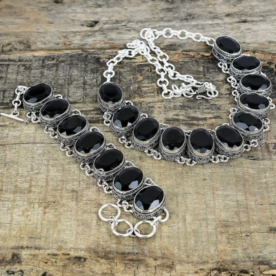 Graziosa Nero Spinello Gemma 925 Argento Sterling Gioielli Collana Bracciale Set - Immagine 1 di 4
