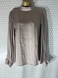 Womens Papaya Uk 12 Plain Taupe Satin Long Sleeve Smart Casual Blouse Shirt Top - Picture 1 of 6