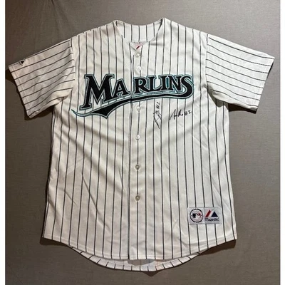 Vintage Marlins Baseball Jersey White Pinstripe Autographed MLB L Short Sleeve - Image 1 of 4