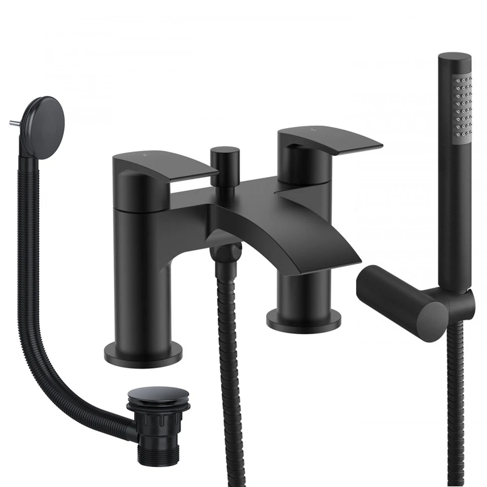FNX BATHROOMS Sleek Matt Black Waterfall Bath Shower Mixer Tap with Handset and Matching Waste