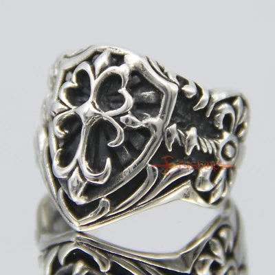 Anillo cruzado clásico retro de acero inoxidable plateado para hombres y mujeres banda de escudo envejecido Foto 1 de 4