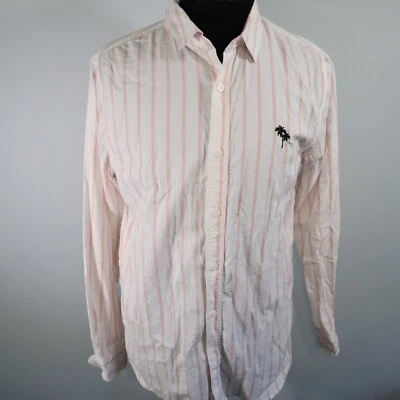 Camisa de diversão moderna masculina média palmeira botão para cima listrado rosa manga longa - Imagem 1 de 4