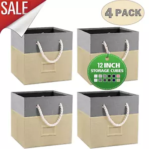 Set of 4 Storage Cube Bins - 12" Fabric Cubes w/ Handles, Foldable Organizers - Picture 1 of 12