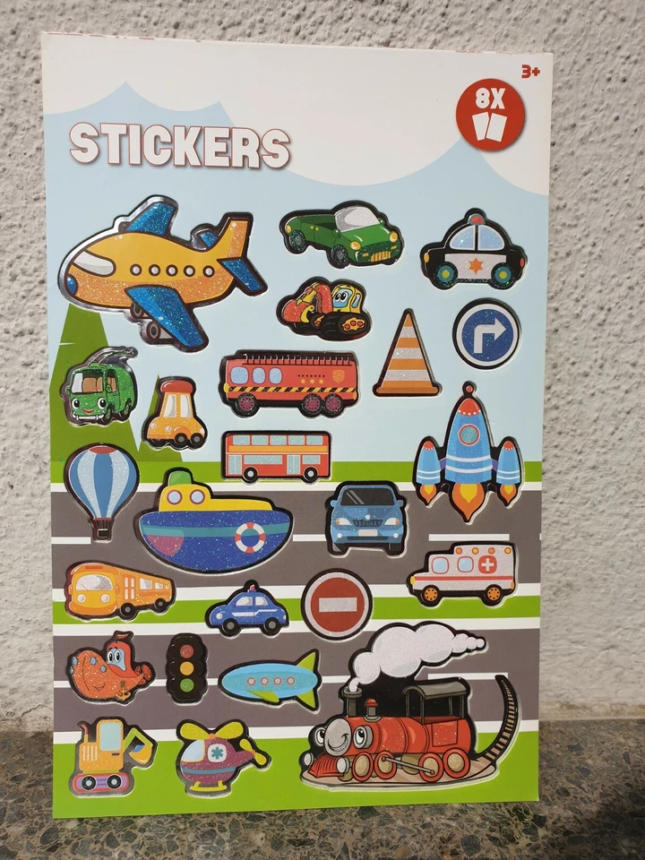 250 Glitzer Sticker Fahrzeuge Verkehr Autos Eisenbahn Flugzeug Polizei Feuerwehr - Bild 1 von 4