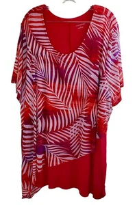 Catherines Women’s Pink Orange Tropical Mesh Sheer Overlay Short Sleeve, Size 2X - Picture 1 of 11