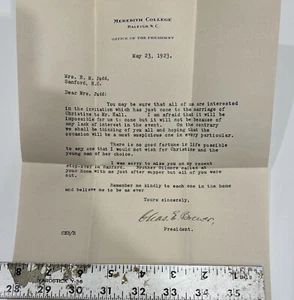 ANTIQUE LETTER CHARLES E. BREWER President MEREDITH COLLEGE 1923 - Picture 1 of 6