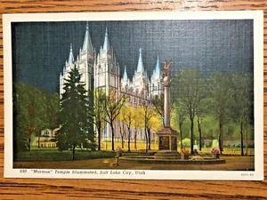 Cartolina d'epoca The Mormon Temple Church illuminata Salt Lake City Utah - Foto 1 di 2