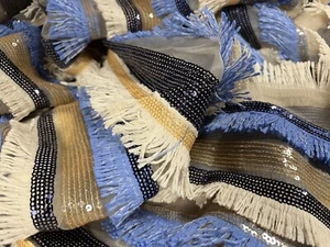 Couture Dress Fabric - Sequinned And Frilled Stripe - Blue & Cream - Picture 1 of 3