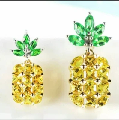 2.00Ct Princess Lab-Created Citrine Pineapple Stud Earring 14K White Gold Plated - Image 1 of 4