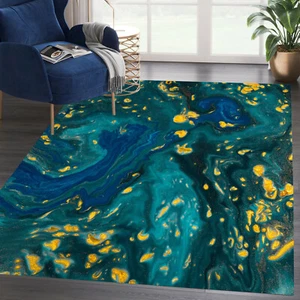 Abstract Luxury Marble Collection Rug Blue Golden Swirl Design Area Rugs - Picture 1 of 7