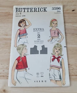 Butterick Pattern GIRLS CROPPED TOP In 4 Versions #3596 Size: 6 ©1965 Cut - Picture 1 of 2