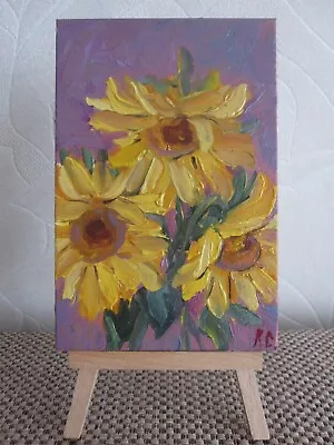 pintura a óleo original de girassóis, pequena imagem de girassóis, arte de girassóis - Imagem 1 de 4