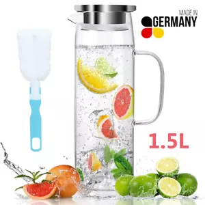 Glas Wasserkaraffe Wasserkrug 1.5L Kühlkaraffe Glaskaraffe mit Edelstahl Deckel - Bild 1 von 13